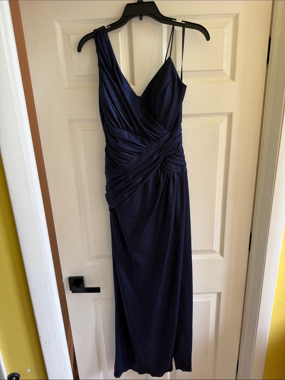 Xscape shimmery Navy One-Shoulder Ruched Evening Gown
